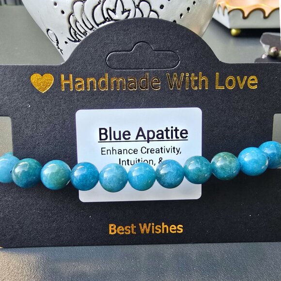 Blue Apatite ✦ Handmade Bracelet ✦ 8mm Beads Elastic Gemstone Jewelry NWT - Picture 3 of 9